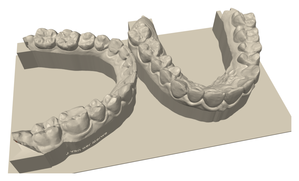 Model Print: an upper and a lower model packed on a printer build plate, in 3D